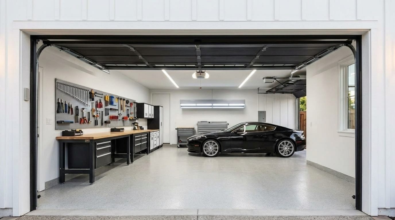 Adams Garage Door Services Interior View of Custom Garage Door Overhead and Workshop
